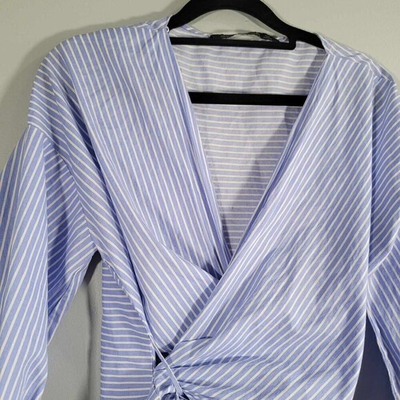 ZARA Blue and white striped wrap around cropped blouse. EUC - Picture 3 of 9